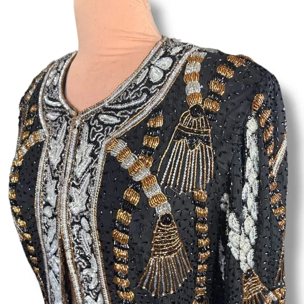 Vintage Silk Beaded Jacket‎ Black Gold 80s Luxury XL Maximalist Power Dressing